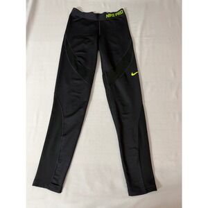 Nike Pro Hyperwarm Leggings Womens medium Black Neon Yellow Training Tights Pant
